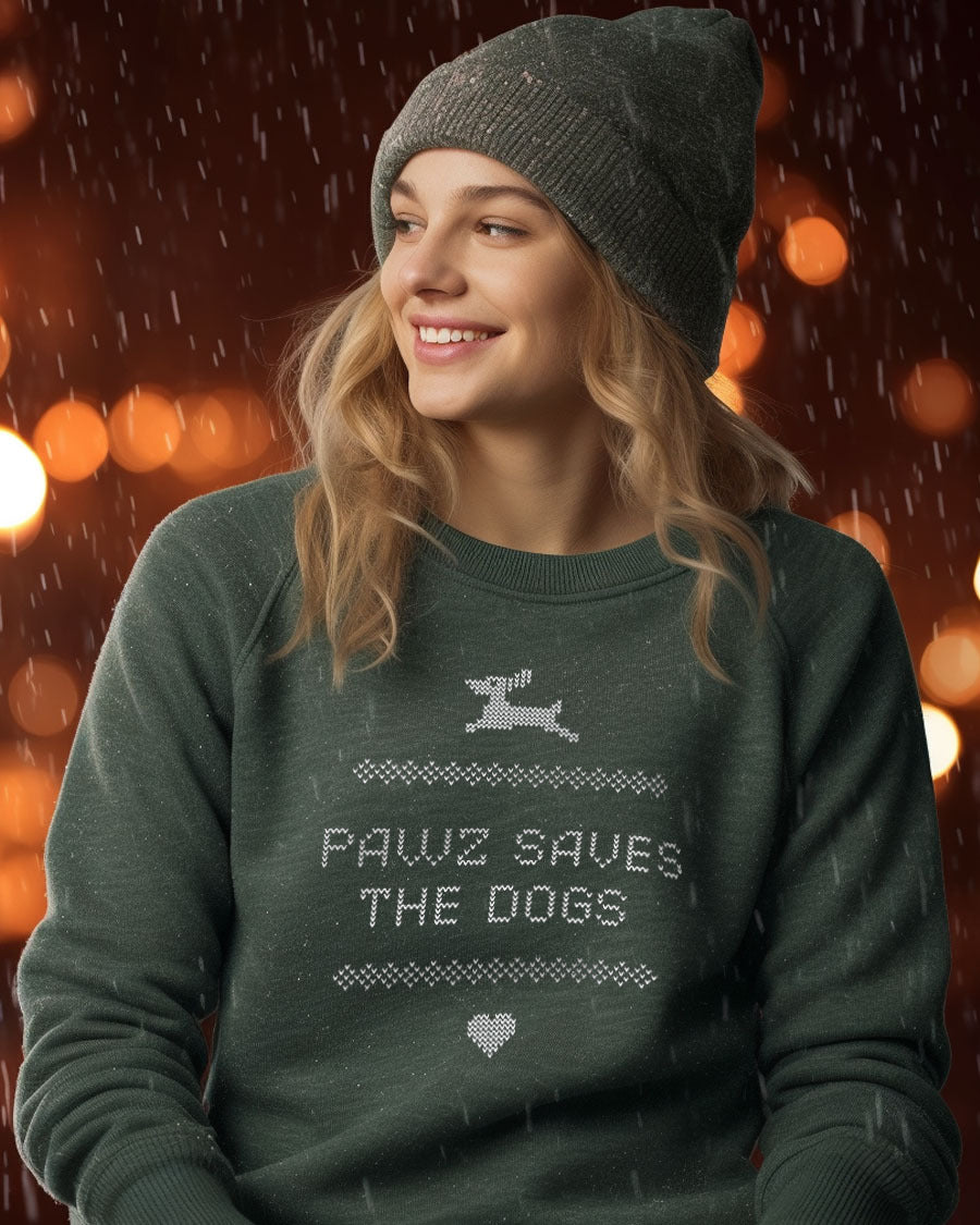 Holiday Sweater Front Print Heather Forest Crewneck - Pawz